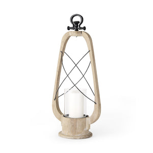 HomeRoots 25" Brown Distressed Tabletop Lantern - Unique Solid Wood & Metal Candle Holder for Rustic Decor 609335