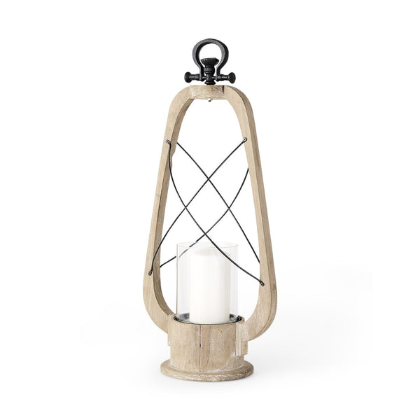 HomeRoots 25" Brown Distressed Tabletop Lantern - Unique Solid Wood & Metal Candle Holder for Rustic Decor 609335