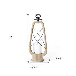 HomeRoots 25" Brown Distressed Tabletop Lantern - Unique Solid Wood & Metal Candle Holder for Rustic Decor 609335