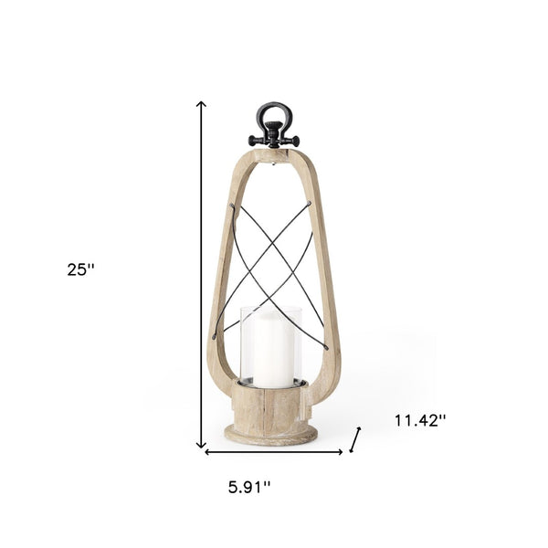 HomeRoots 25" Brown Distressed Tabletop Lantern - Unique Solid Wood & Metal Candle Holder for Rustic Decor 609335