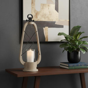 HomeRoots 25" Brown Distressed Tabletop Lantern - Unique Solid Wood & Metal Candle Holder for Rustic Decor 609335