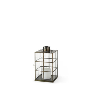 HomeRoots 15" Gold Distressed Geometric Lantern - Handmade Metal & Glass Candle Holder for Modern Decor 609336