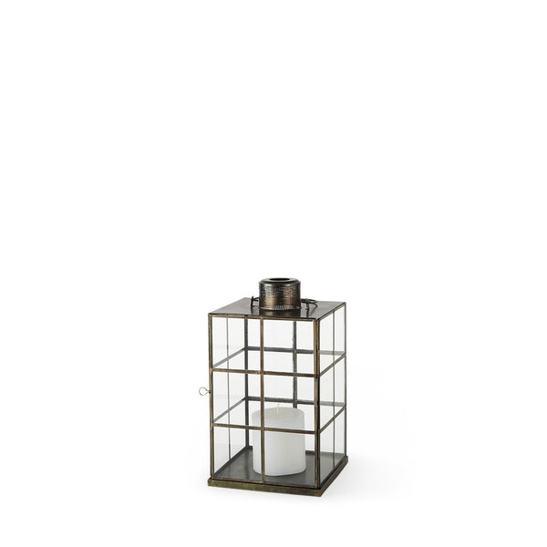 HomeRoots 15" Gold Distressed Geometric Lantern - Handmade Metal & Glass Candle Holder for Modern Decor 609336