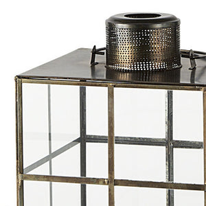 HomeRoots 15" Gold Distressed Geometric Lantern - Handmade Metal & Glass Candle Holder for Modern Decor 609336