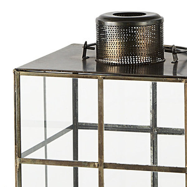 HomeRoots 15" Gold Distressed Geometric Lantern - Handmade Metal & Glass Candle Holder for Modern Decor 609336