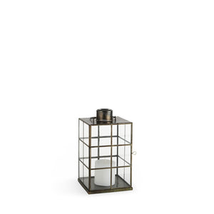 HomeRoots 15" Gold Distressed Geometric Lantern - Handmade Metal & Glass Candle Holder for Modern Decor 609336