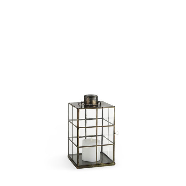 HomeRoots 15" Gold Distressed Geometric Lantern - Handmade Metal & Glass Candle Holder for Modern Decor 609336