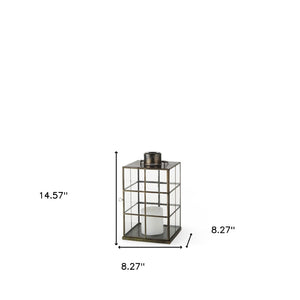 HomeRoots 15" Gold Distressed Geometric Lantern - Handmade Metal & Glass Candle Holder for Modern Decor 609336