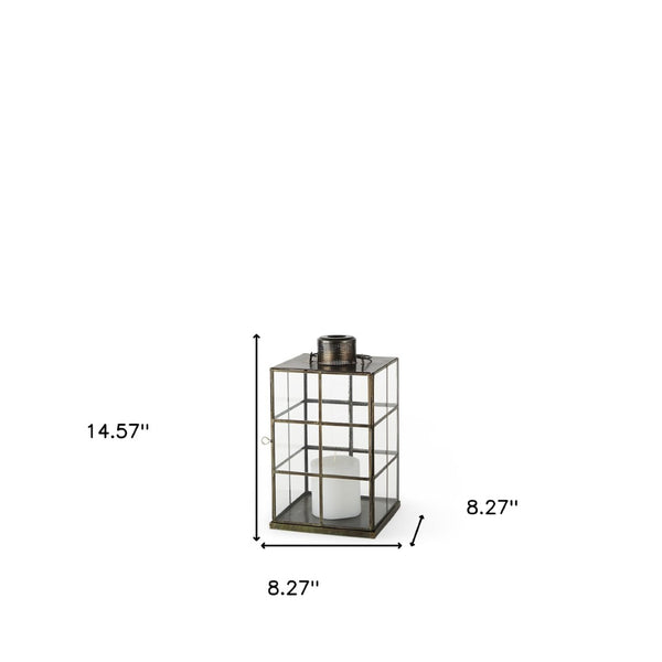 HomeRoots 15" Gold Distressed Geometric Lantern - Handmade Metal & Glass Candle Holder for Modern Decor 609336