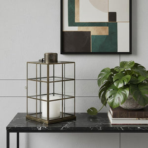 HomeRoots 15" Gold Distressed Geometric Lantern - Handmade Metal & Glass Candle Holder for Modern Decor 609336