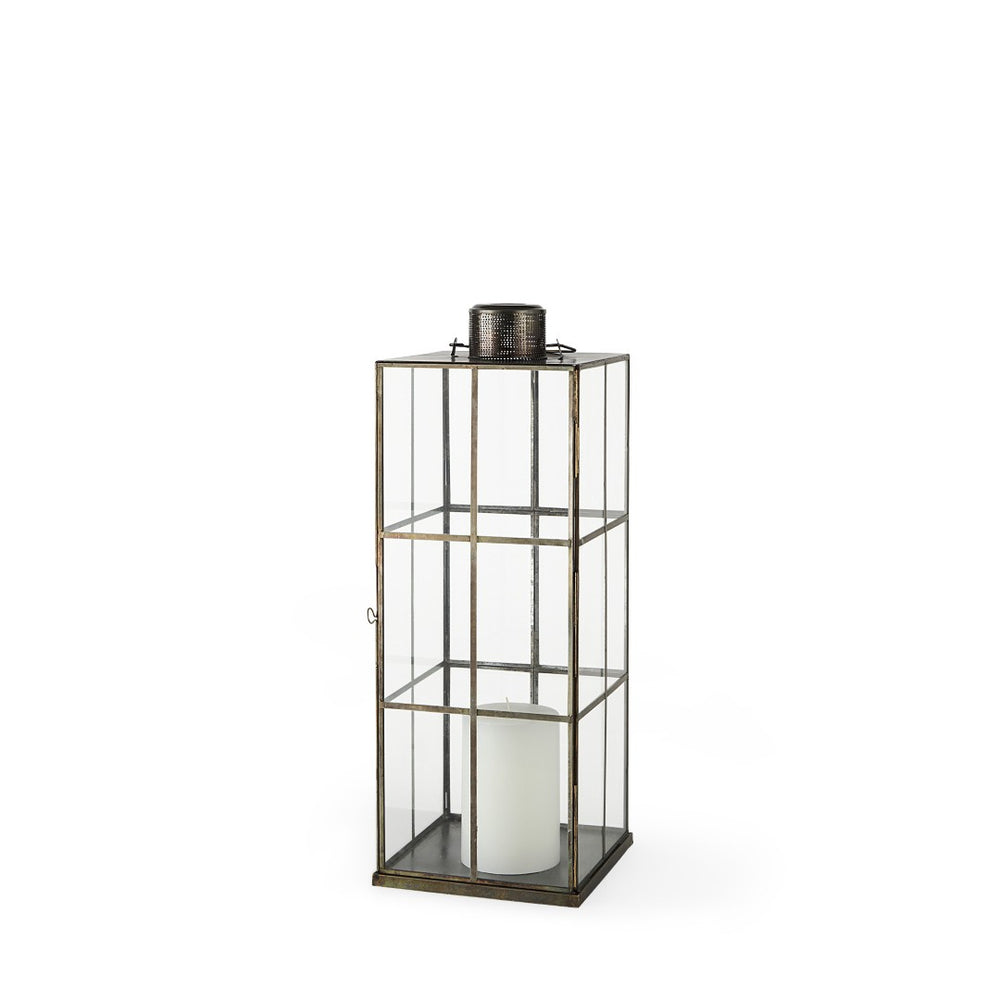 HomeRoots 23" Gold Distressed Geometric Metal and Glass Lantern - Elegant Candle Holder for Any Decor Style 609337