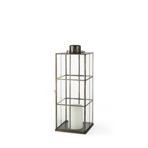 HomeRoots 23" Gold Distressed Geometric Metal and Glass Lantern - Elegant Candle Holder for Any Decor Style 609337
