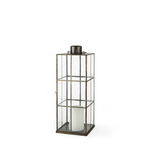 HomeRoots 23" Gold Distressed Geometric Metal and Glass Lantern - Elegant Candle Holder for Any Decor Style 609337