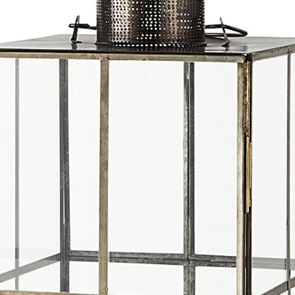 HomeRoots 23" Gold Distressed Geometric Metal and Glass Lantern - Elegant Candle Holder for Any Decor Style 609337