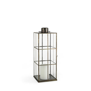 HomeRoots 23" Gold Distressed Geometric Metal and Glass Lantern - Elegant Candle Holder for Any Decor Style 609337