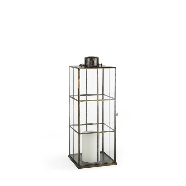 HomeRoots 23" Gold Distressed Geometric Metal and Glass Lantern - Elegant Candle Holder for Any Decor Style 609337