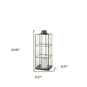 HomeRoots 23" Gold Distressed Geometric Metal and Glass Lantern - Elegant Candle Holder for Any Decor Style 609337
