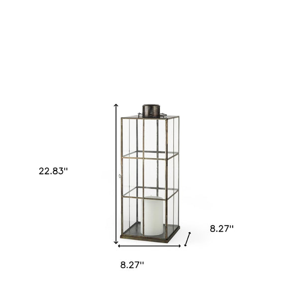 HomeRoots 23" Gold Distressed Geometric Metal and Glass Lantern - Elegant Candle Holder for Any Decor Style 609337