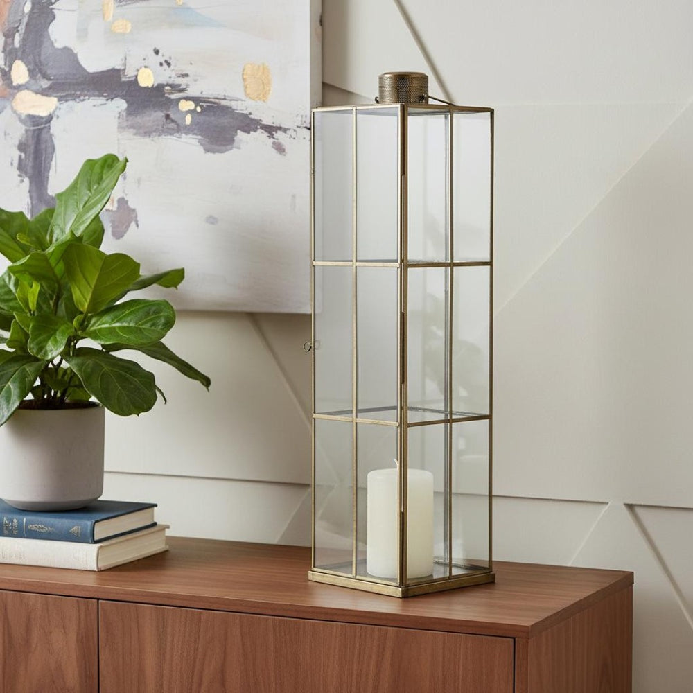 HomeRoots 31" Elegant Gold Geometric Metal Lantern Candle Holder - Stylish Decor for Home & Events 609338