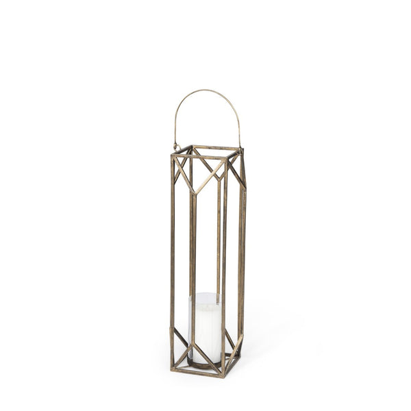 HomeRoots 30" Gold Distressed Geometric Metal Tabletop Lantern - Elegant Candle Holder for Events & Home Decor 609339