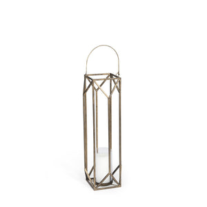HomeRoots 30" Gold Distressed Geometric Metal Tabletop Lantern - Elegant Candle Holder for Events & Home Decor 609339