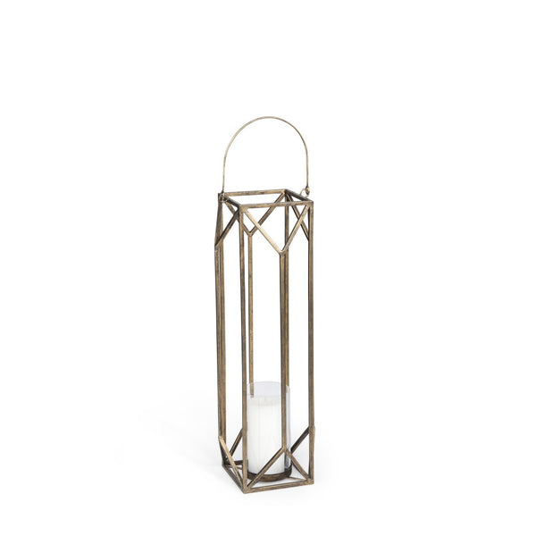 HomeRoots 30" Gold Distressed Geometric Metal Tabletop Lantern - Elegant Candle Holder for Events & Home Decor 609339