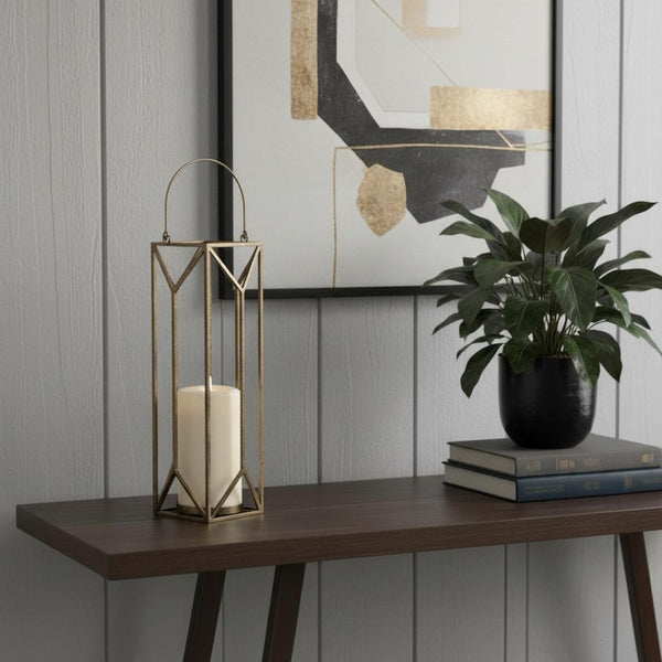 HomeRoots 30" Gold Distressed Geometric Metal Tabletop Lantern - Elegant Candle Holder for Events & Home Decor 609339