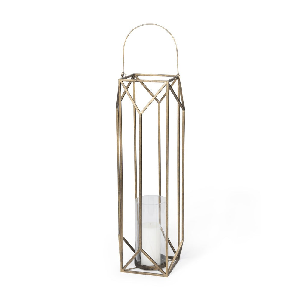 HomeRoots 36" Gold Distressed Geometric Lantern - Handmade Metal Candle Holder for Elegant Home Decor & Events 609340