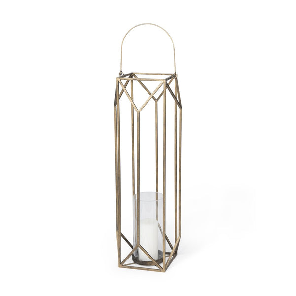 HomeRoots 36" Gold Distressed Geometric Lantern - Handmade Metal Candle Holder for Elegant Home Decor & Events 609340