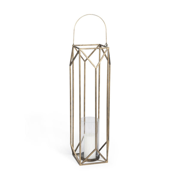 HomeRoots 36" Gold Distressed Geometric Lantern - Handmade Metal Candle Holder for Elegant Home Decor & Events 609340