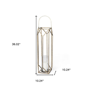 HomeRoots 36" Gold Distressed Geometric Lantern - Handmade Metal Candle Holder for Elegant Home Decor & Events 609340