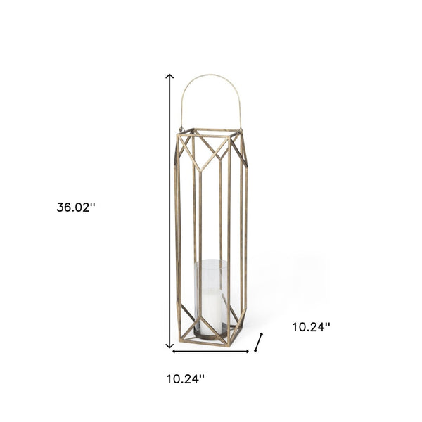 HomeRoots 36" Gold Distressed Geometric Lantern - Handmade Metal Candle Holder for Elegant Home Decor & Events 609340