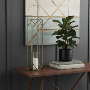 HomeRoots 36" Gold Distressed Geometric Lantern - Handmade Metal Candle Holder for Elegant Home Decor & Events 609340