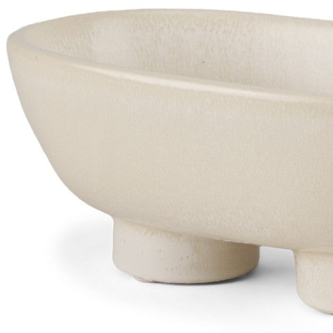 Homeroots 8" Cream Ceramic Oval Pedestal Centerpiece Bowl - Handmade Decorative Piece With Unique Glaze Finish   609343
