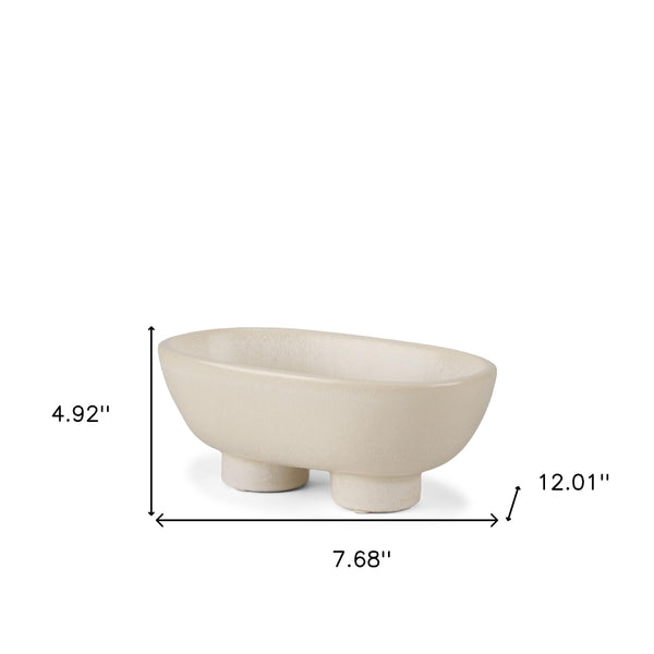 Homeroots 8" Cream Ceramic Oval Pedestal Centerpiece Bowl - Handmade Decorative Piece With Unique Glaze Finish   609343