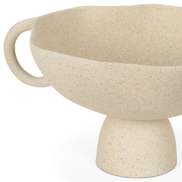 Homeroots 11" Beige Cast Aluminum Round Pedestal Bowl With Handles - Elegant Decorative Centerpiece Accent   609352