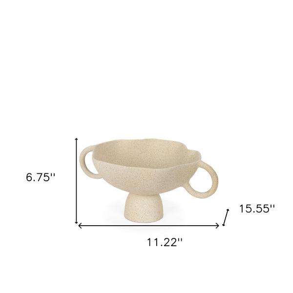 Homeroots 11" Beige Cast Aluminum Round Pedestal Bowl With Handles - Elegant Decorative Centerpiece Accent   609352