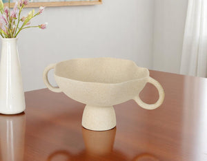 Homeroots 11" Beige Cast Aluminum Round Pedestal Bowl With Handles - Elegant Decorative Centerpiece Accent   609352