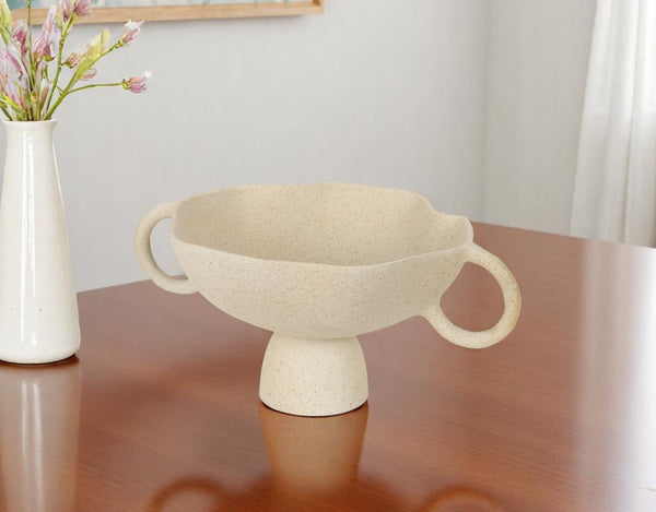 Homeroots 11" Beige Cast Aluminum Round Pedestal Bowl With Handles - Elegant Decorative Centerpiece Accent   609352