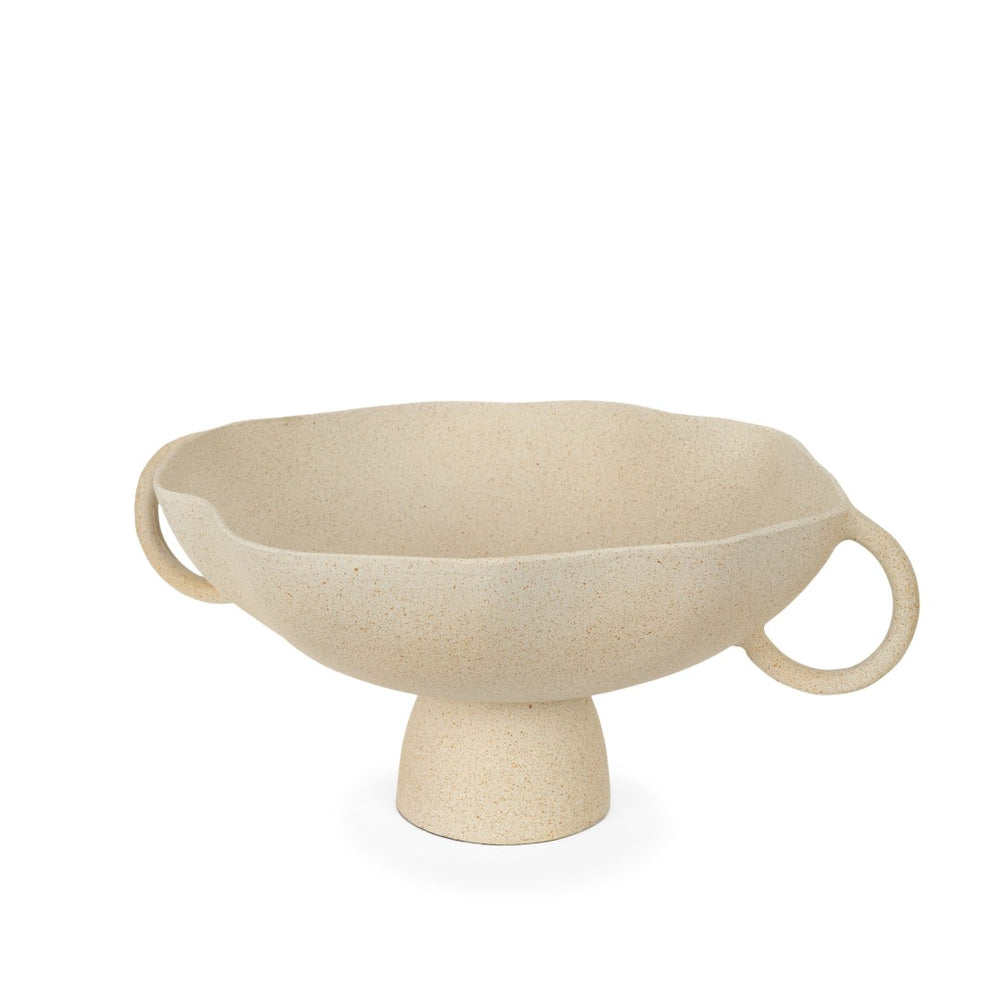 HomeRoots 16" Beige Cast Aluminum Pedestal Bowl - Artisanal Centerpiece with Handles for Elegant Décor 609353