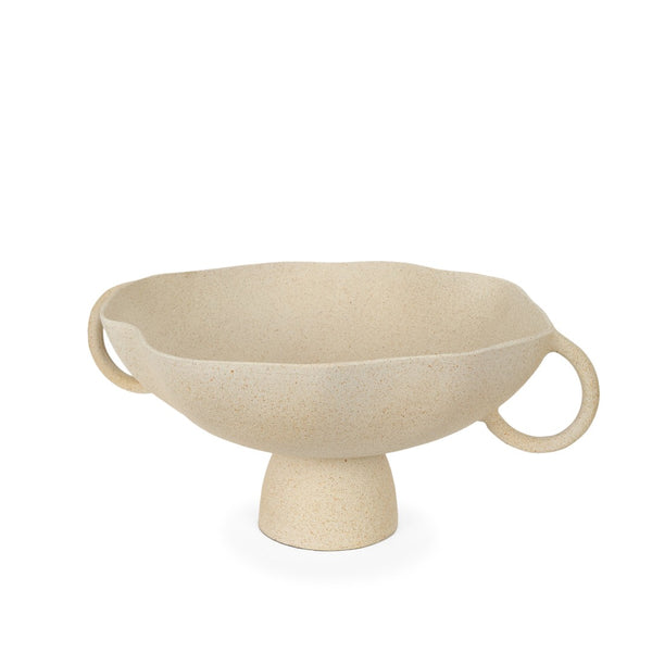 HomeRoots 16" Beige Cast Aluminum Pedestal Bowl - Artisanal Centerpiece with Handles for Elegant Décor 609353
