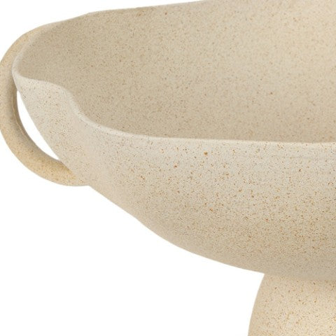 Homeroots 16" Elegant Beige Cast Aluminum Round Pedestal Bowl With Handles - Unique Home Décor Accent Piece   609353