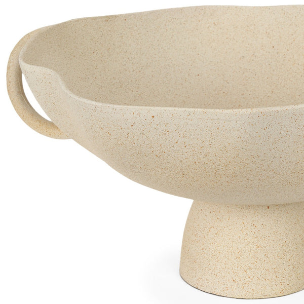 Homeroots 16" Elegant Beige Cast Aluminum Round Pedestal Bowl With Handles - Unique Home Décor Accent Piece   609353