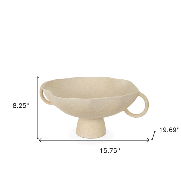 Homeroots 16" Elegant Beige Cast Aluminum Round Pedestal Bowl With Handles - Unique Home Décor Accent Piece   609353