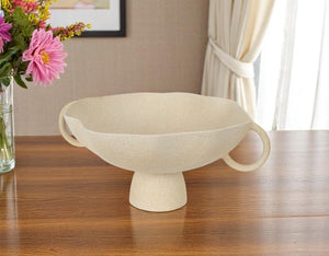 Homeroots 16" Elegant Beige Cast Aluminum Round Pedestal Bowl With Handles - Unique Home Décor Accent Piece   609353