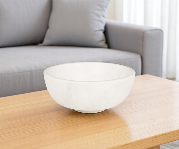 Homeroots 10" Elegant White Marble Round Centerpiece Bowl - Handcrafted, Food Safe, Modern Décor For Dining   609356