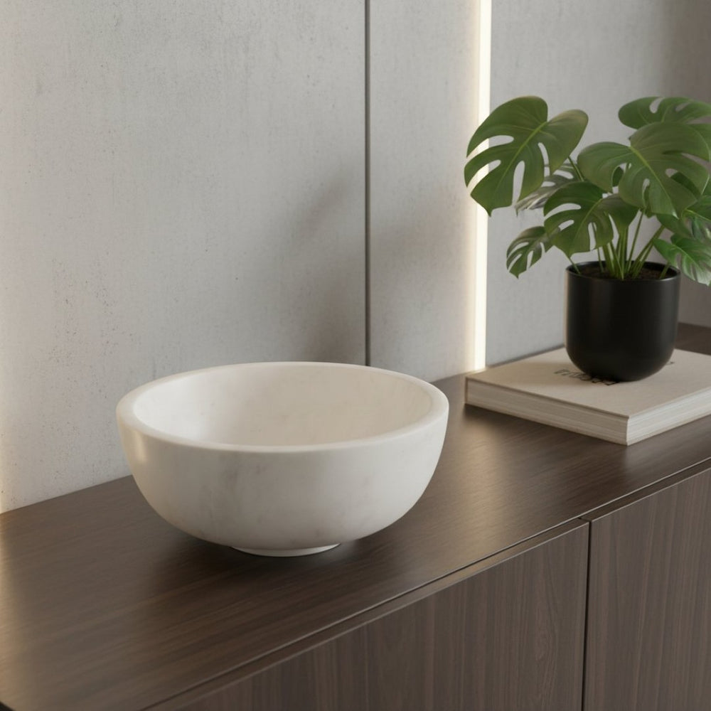 HomeRoots 10" White Marble Round Centerpiece Bowl - Handcrafted Elegance for Serving and Stylish Display 609356