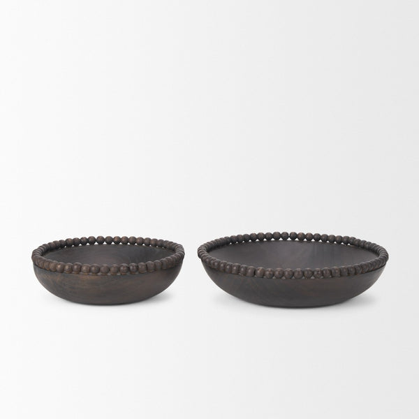 HomeRoots Set of Two Black Solid Wood Round Bowls – Modern Beaded Edge Centerpieces for Elegant Dining Decor 609357