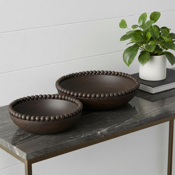 HomeRoots Set of Two Black Solid Wood Round Bowls – Modern Beaded Edge Centerpieces for Elegant Dining Decor 609357