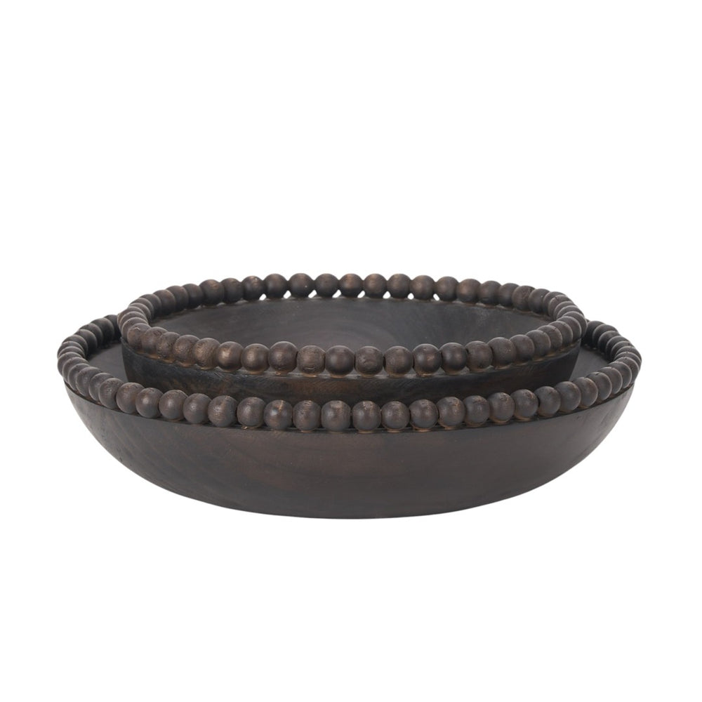 HomeRoots Set of Two Black Solid Wood Round Bowls – Modern Beaded Edge Centerpieces for Elegant Dining Decor 609357
